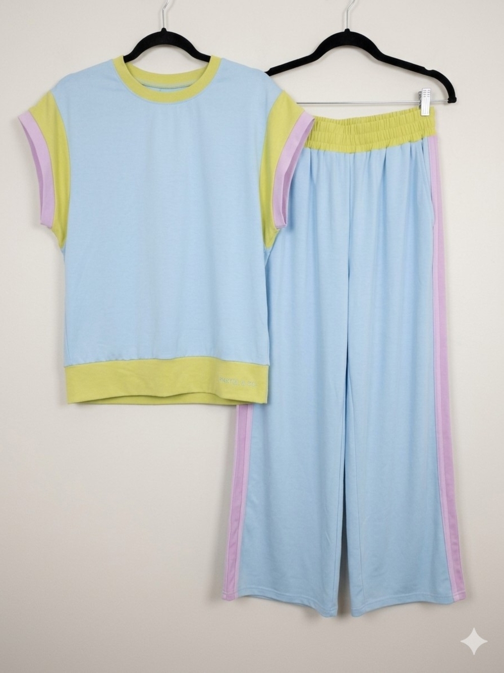 2 Piece Pastel Lounge Set High Waist Wide Leg Stripe Track Pants Top Co-ord M